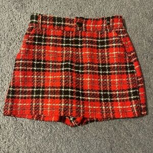 Zara Red, Black and White Plaid Tweed Shorts